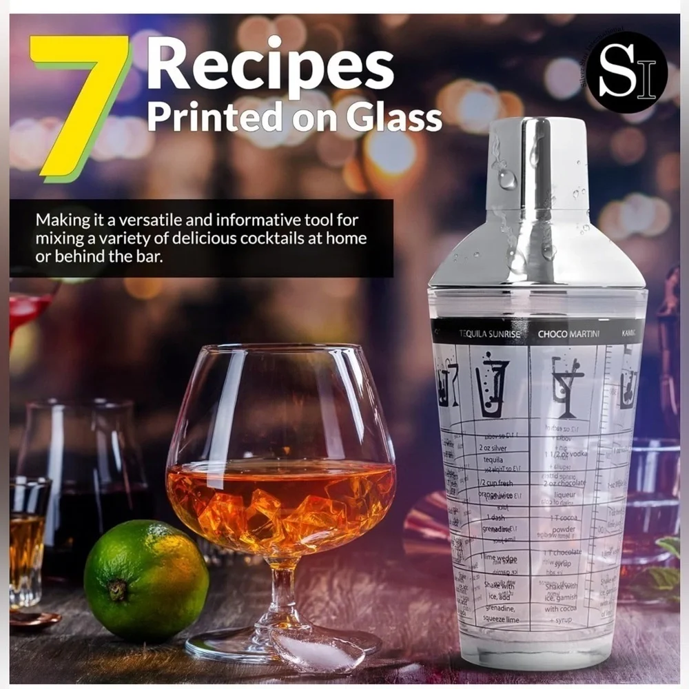 Recipe Cocktail Shaker Stainless Steel Glass Recipes Shaker 16 OZ NWT New In Box